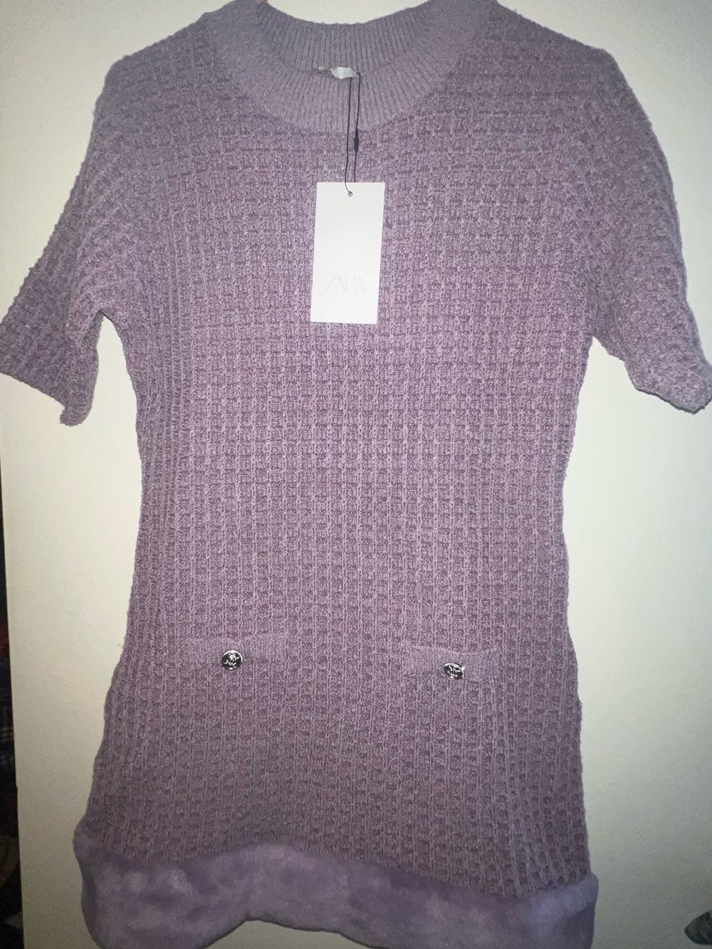 Zara Lavender Short-Sleeve Waffle Knit Tunic with Pocket Details
